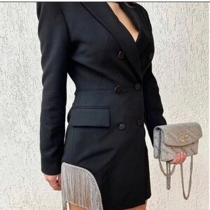 Zara Blazer Dress Limited Jewel Rhinestone Trim Fringe Black